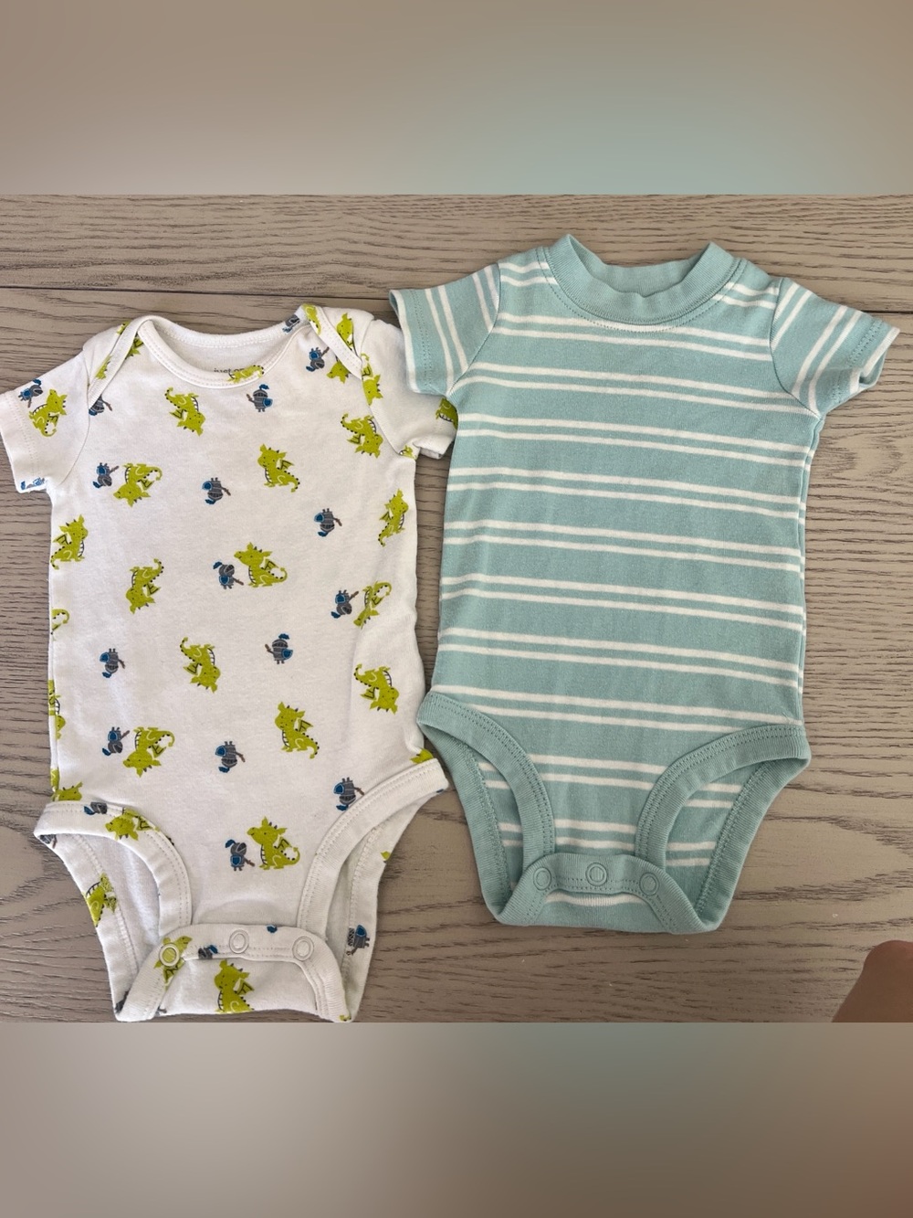 One-Piece Bodysuits - Green Dinosaur Print & Mint Stripe